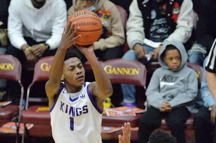 Keystone Academy guard Dellquan Warren shoots against Flyght Academy on Dec. 9, 2021, at the Gannon University. Primary photo 9basketball120921